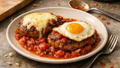 トマト缶でふっくら煮込みハンバーグ：焼き付けてから煮るだけでごちそう味