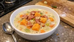 さつまいもがほくほく甘い、ベーコン入りクリームシチュー——ダマになりにくい作り方