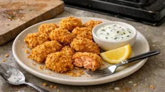 油少なめでカリッと：エアフライヤーのサーモンひと口フライ風（ヨーグルトソース）