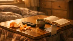 L字ブックエンドを挟むだけでこたつ周りが片づく側面収納の小ワザ