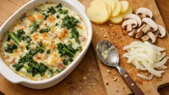 春のほろ苦さがやさしくとける：菜の花の豆乳グラタン（フライパンでソース、あとはトースター）