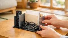 ブックエンドをコの字に重ねるだけでテーブルが片づく簡単収納ワザ