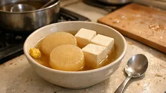 下ゆででしみしみ。大根と木綿豆腐の簡単おでん—追いがつおつゆで手軽に